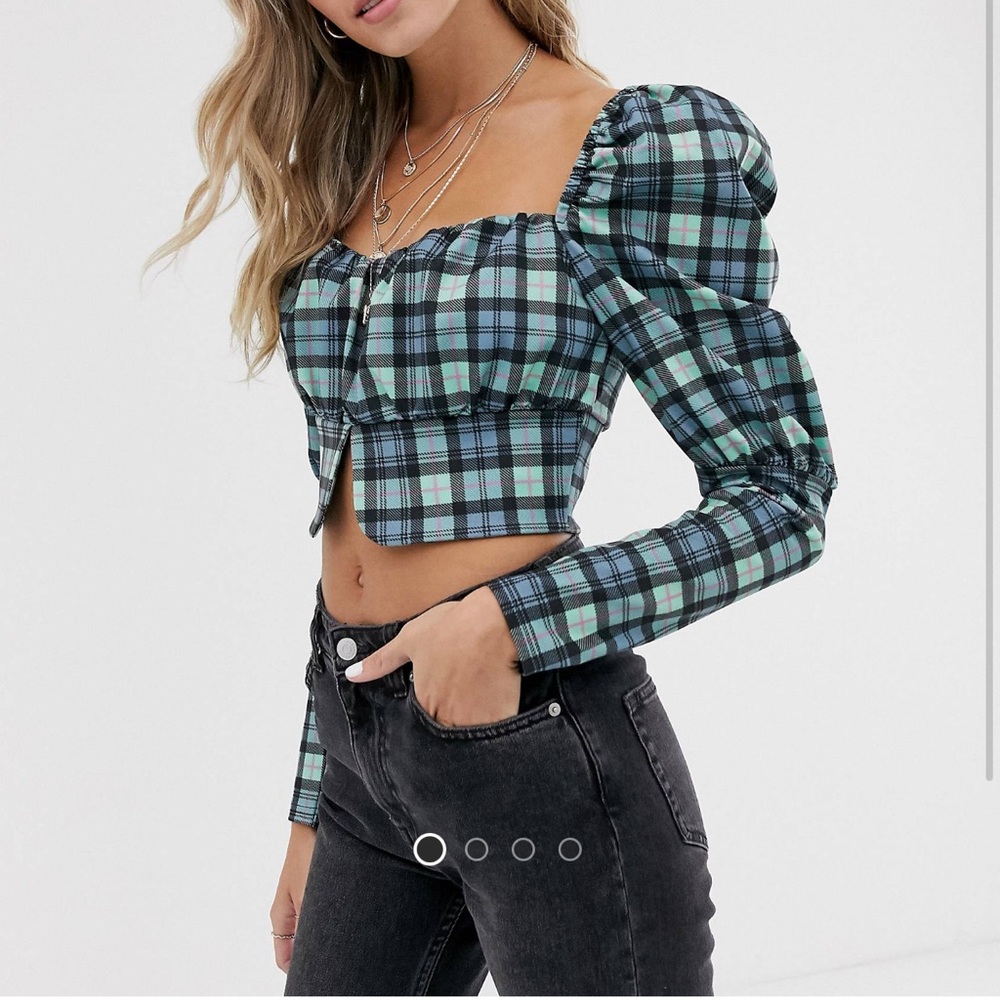 Asos design square neck top with peplum hem in check